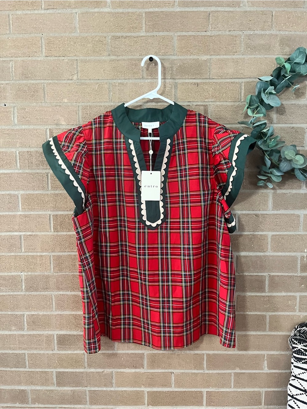 entro Red Plaid Blouse with Green Trim